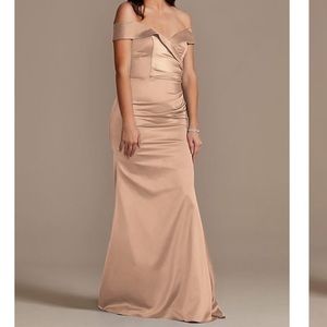 Satin off the shoulder mermaid bridesmaid dress sand